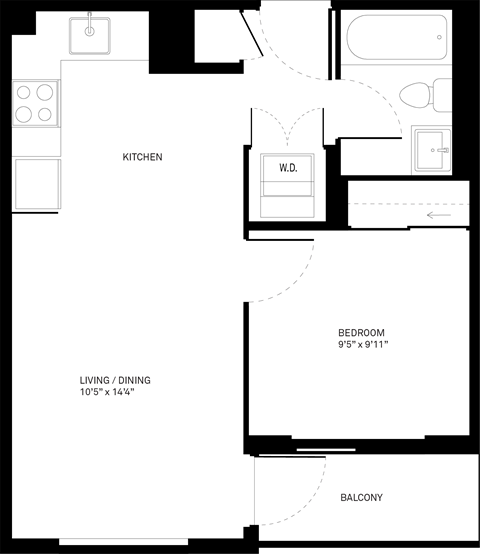 Floor plan for 1 bed, 1 bath, 491 sqft